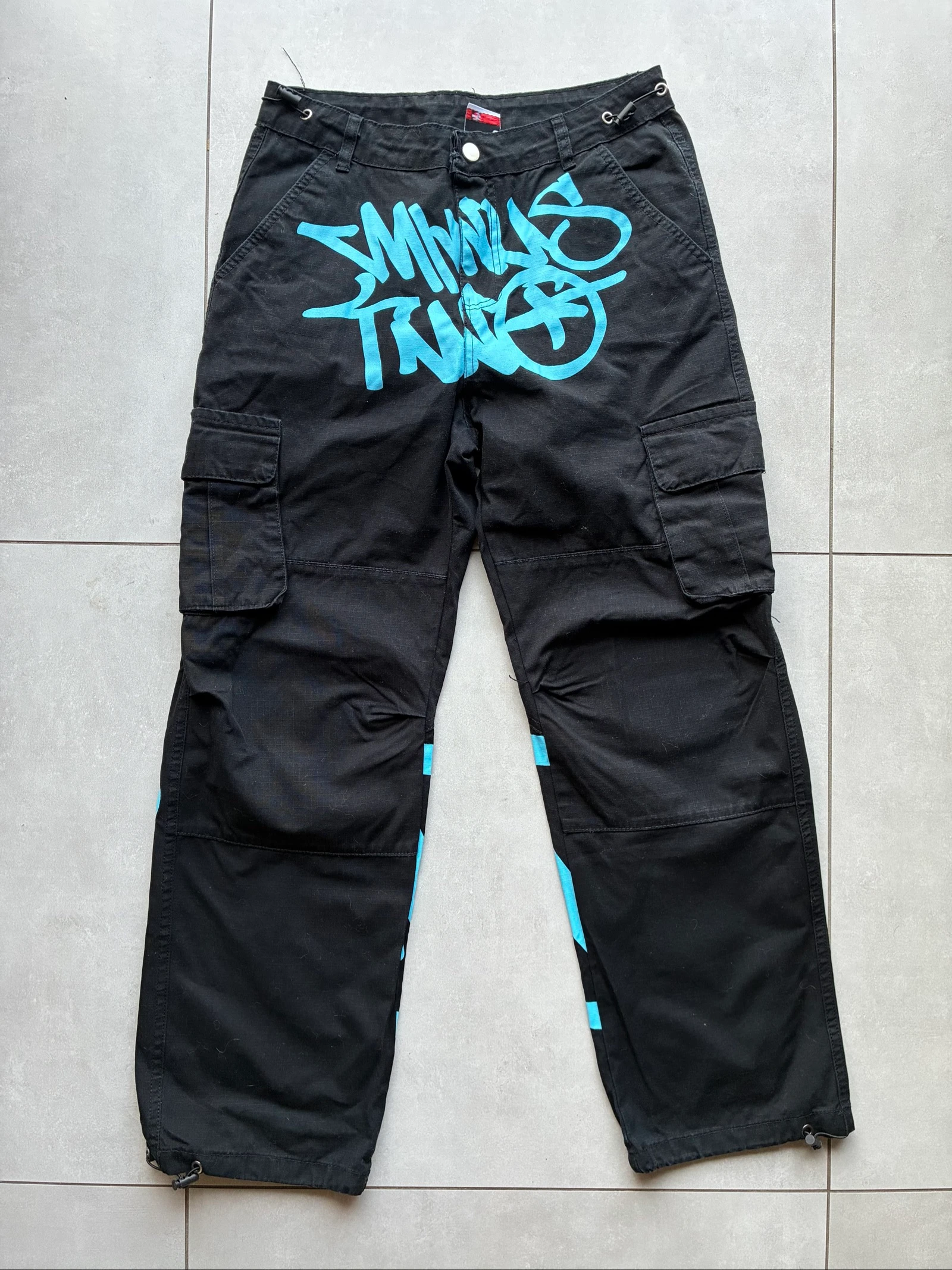 Minus Two Cargo Noir Imprimé Bleu Vintage Y2K Streetwear Oversize Archive Pantalon Rare